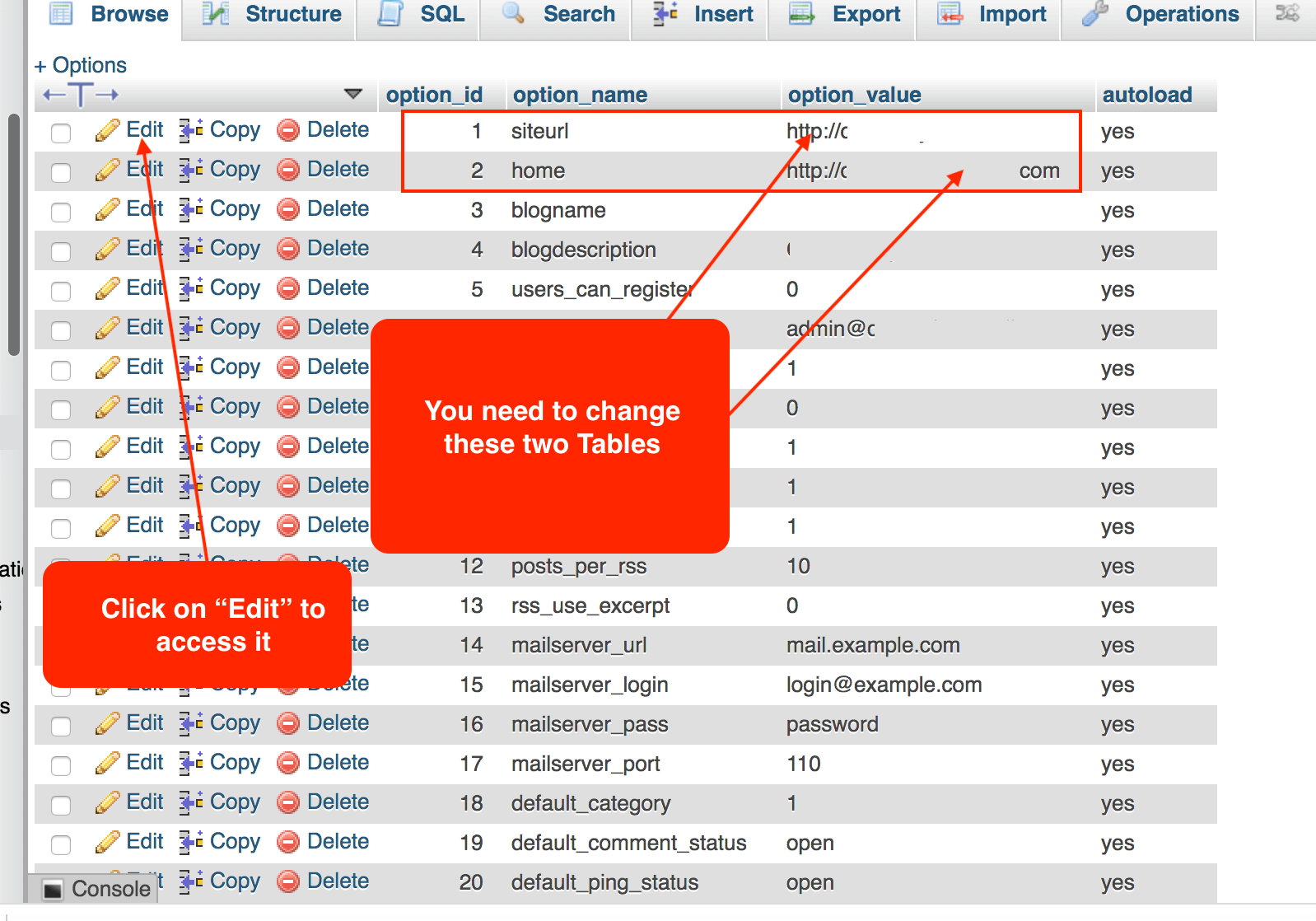 Finding site URL and home address tables in the database