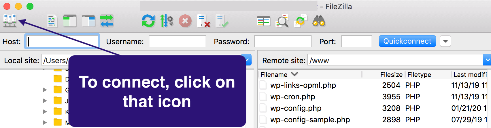 Starting a connection on FileZilla