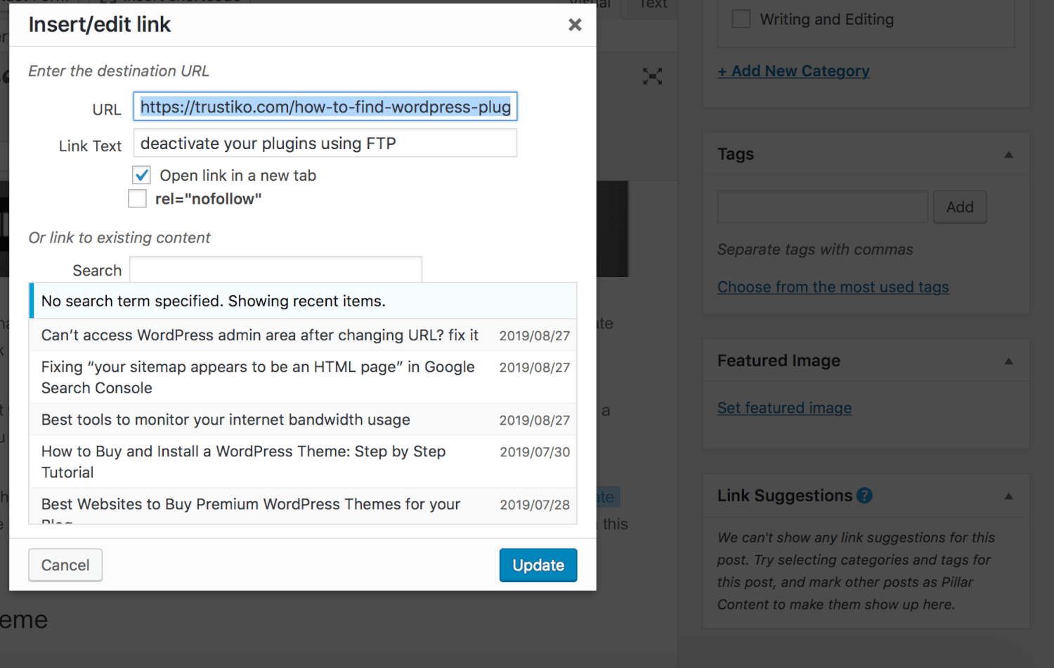 Unable to add links in WordPress