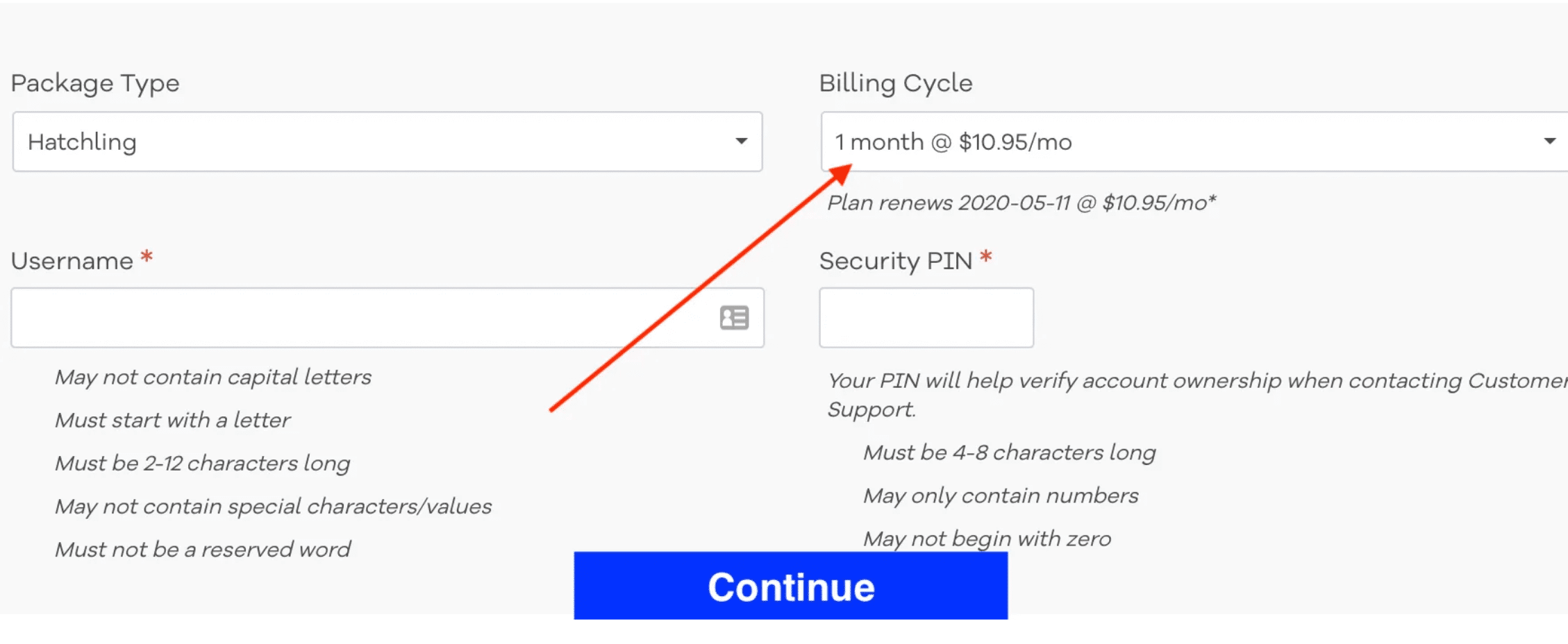 An example of a monthly billed web hosting