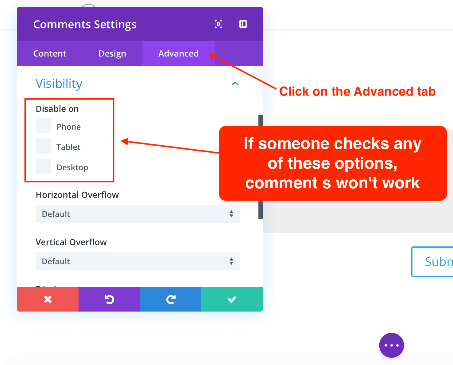 Using the comments visibility by device in Divi theme
