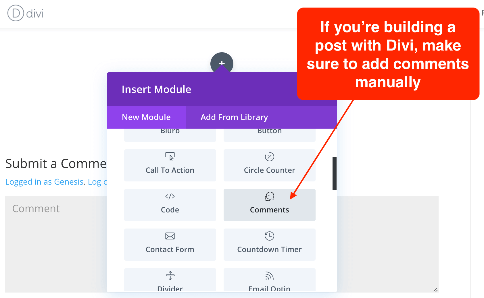 How to add a comment section manually in Divi