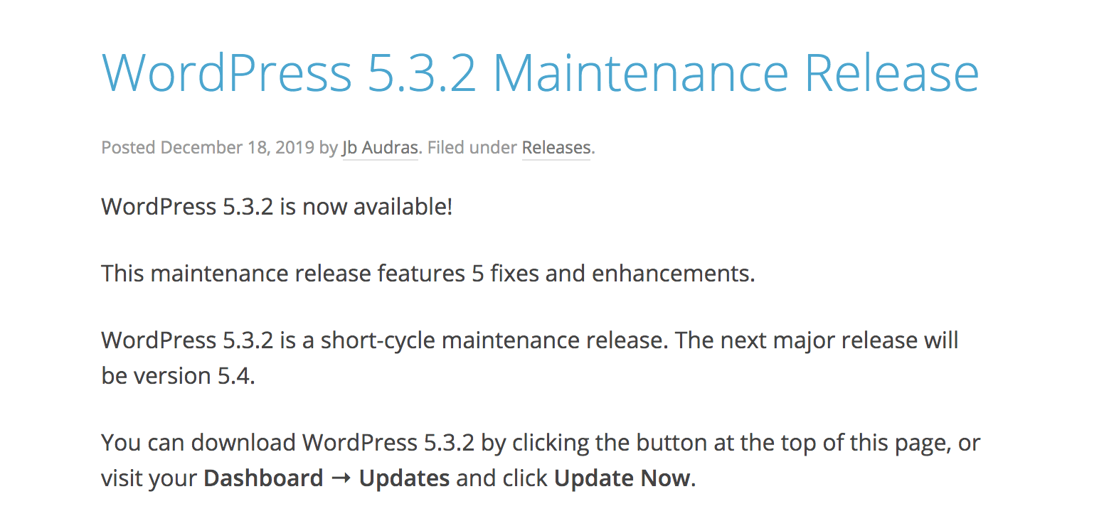 Example of a new WordPress maintenance release
