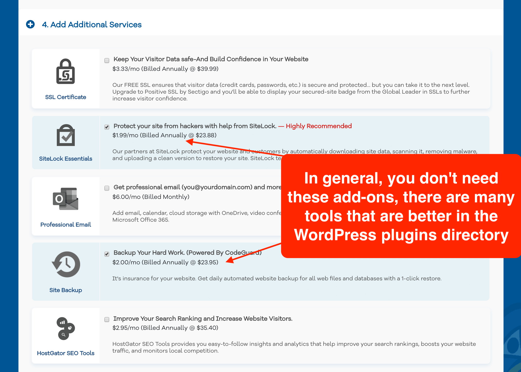 Hostgator's extra hosting services