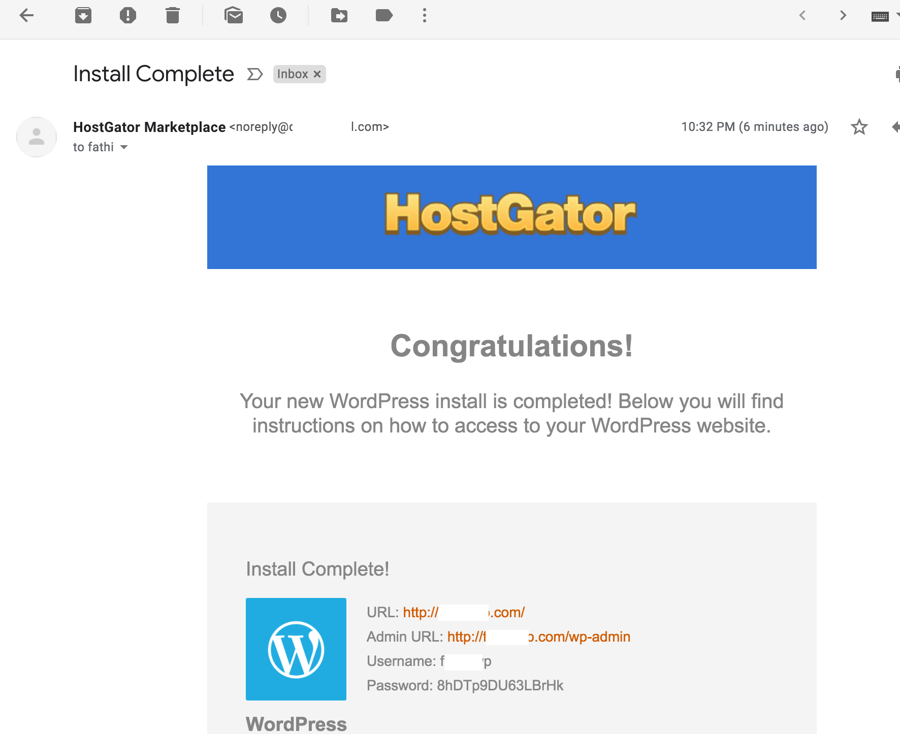 Blog Install complete with details in email