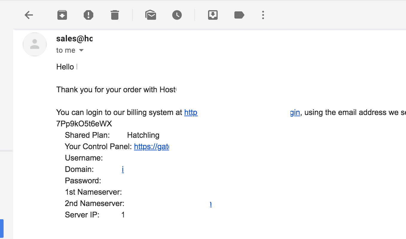 HostGator hosting email with account info