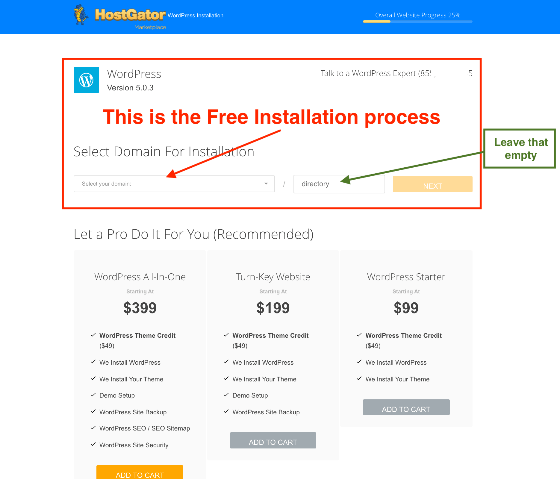 Starting the WordPress blog setup with HostGator