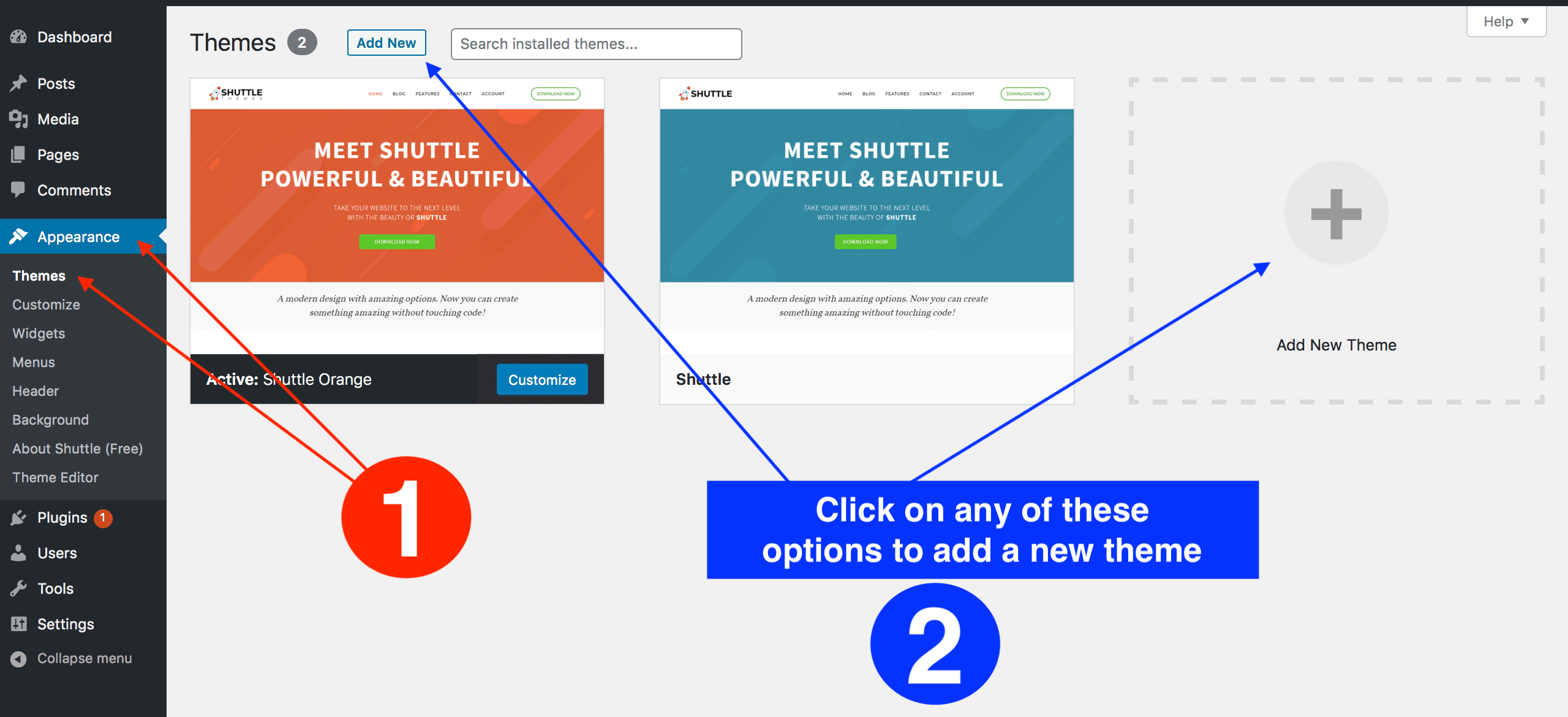 Accessing the themes menu