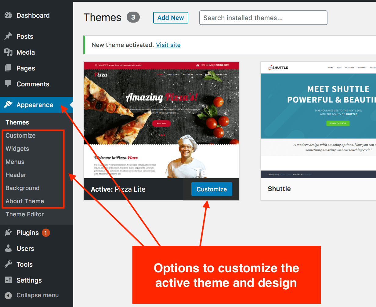Access the active theme menu