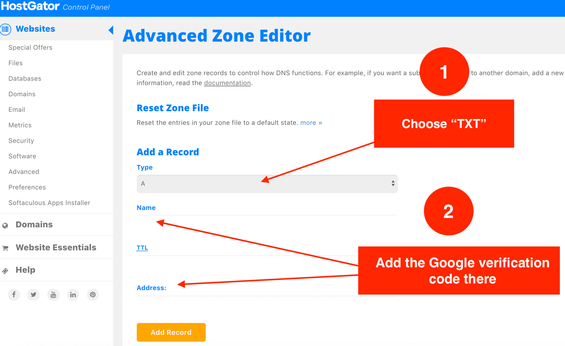 How to add add a TXT record for blog domain in cPanel